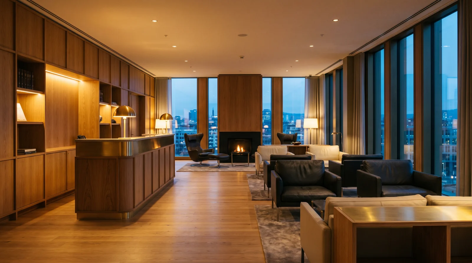 Lounge med peis og utsikt over byen i Nordvik Advokatbyrås lokaler i Oslo ved skumring.